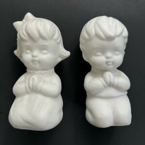 Ceramic Salt and Pepper Shakers White Praying Bisque Boy Girl Religious Lot Two
